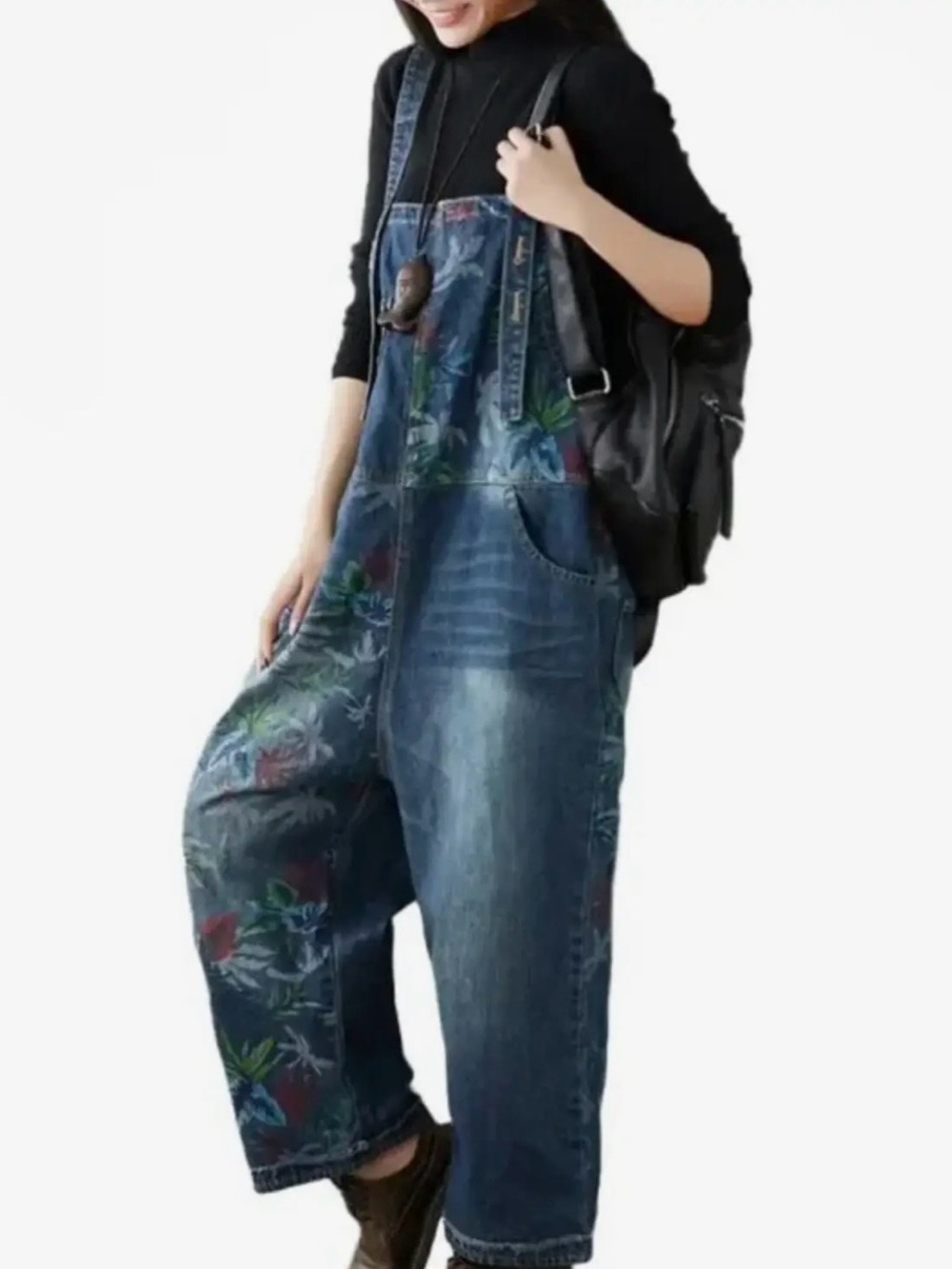 Denim Floral Wide-Leg Overalls -